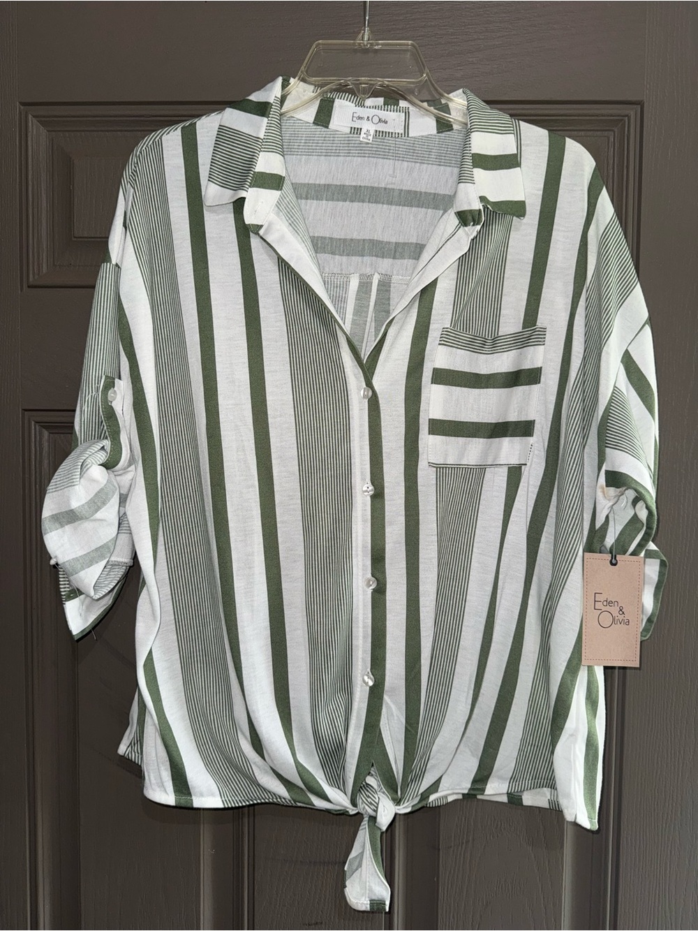 Eden & Olivia Olive and White Vertical Stripe Tie-Front Shirt